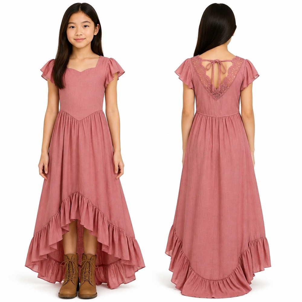 Joyfolie Girl's Pink Lace Back Dress Ruffle Hem Size 12 Kamea Ash Rose
